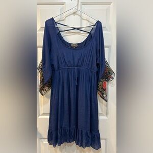 Women's Navy Boho Pullover Dress Sheer Embroidered Lace Sleeve Stretch Lined XL